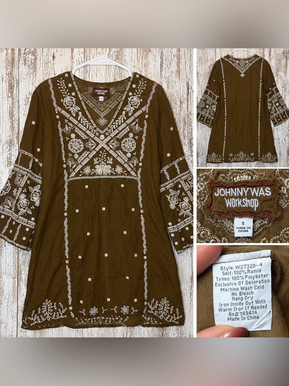 Johnny Was Workshop Alberte Embroidered V Neck Toledo Tunic Brown Women’s Small